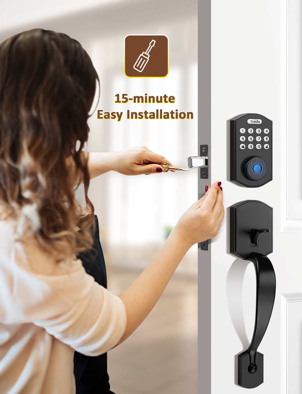 4-in-1 keyless entry door lock with fingerprint, app, keypad, and key access