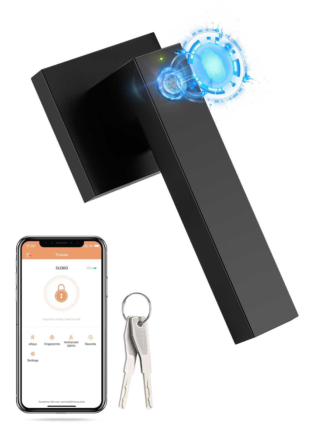 Smart door knob with fingerprint, mechanical key, and app control unlocking options