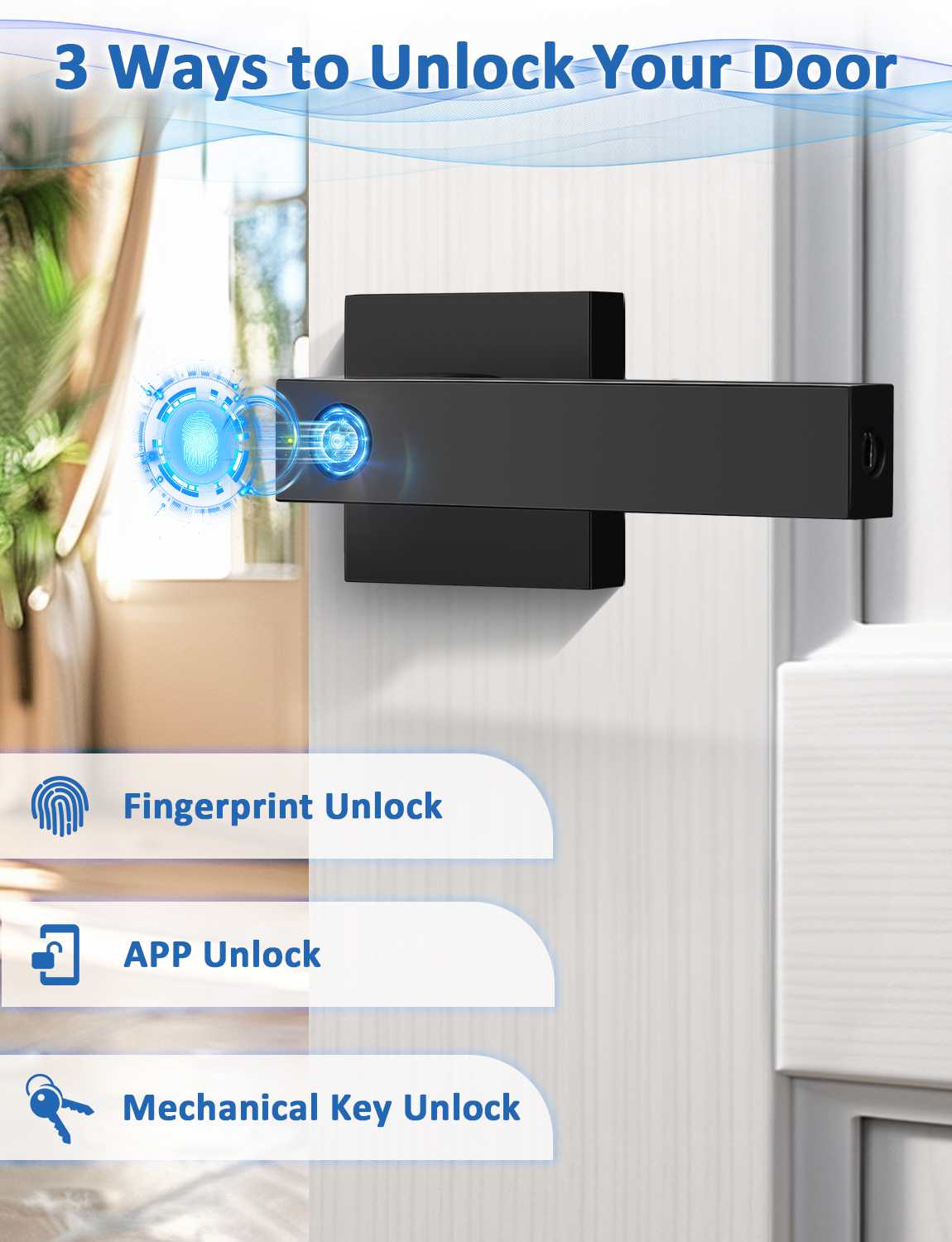 Smart door knob with fingerprint, mechanical key, and app control unlocking options