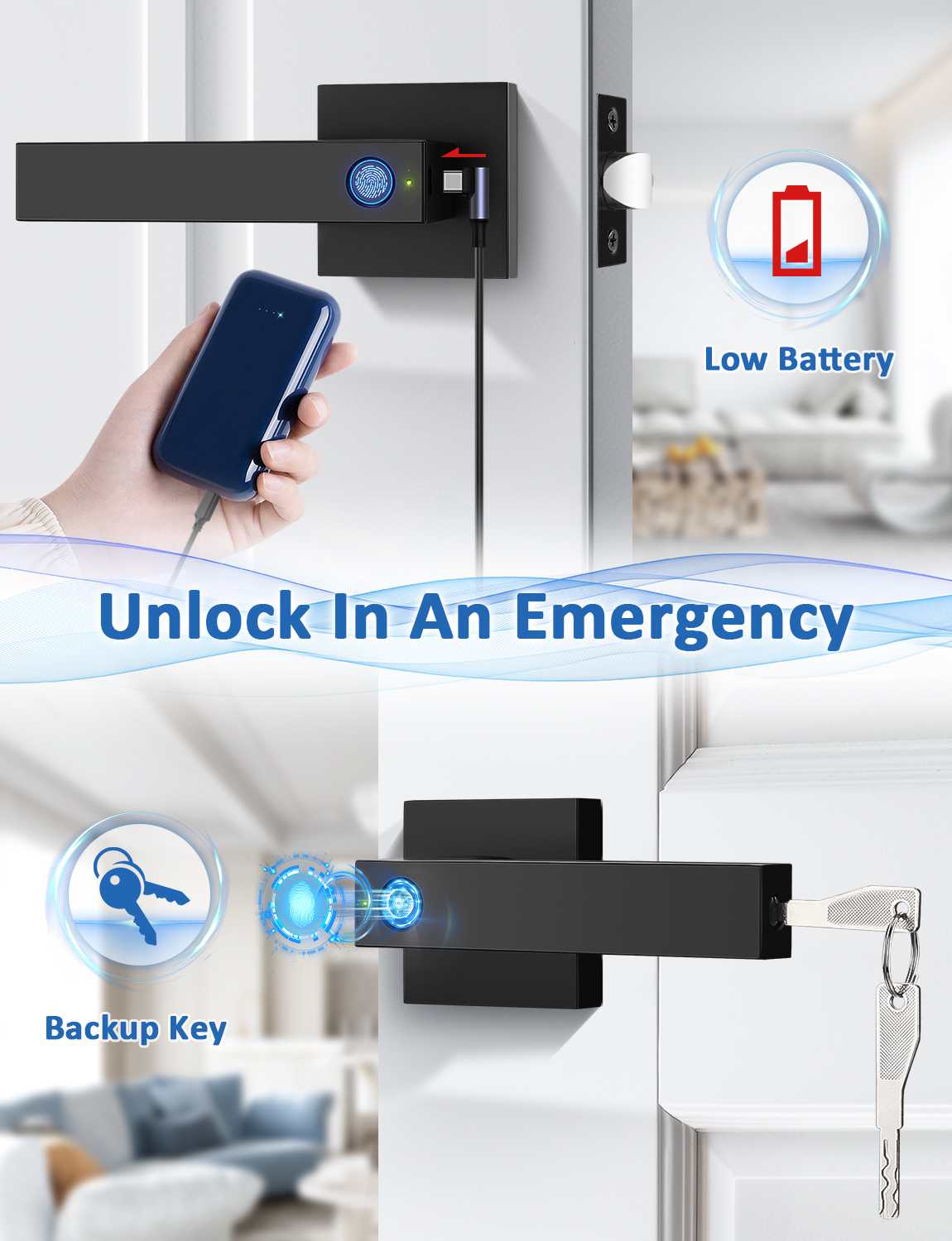 Low battery alert smart lock with emergency key override for backup access