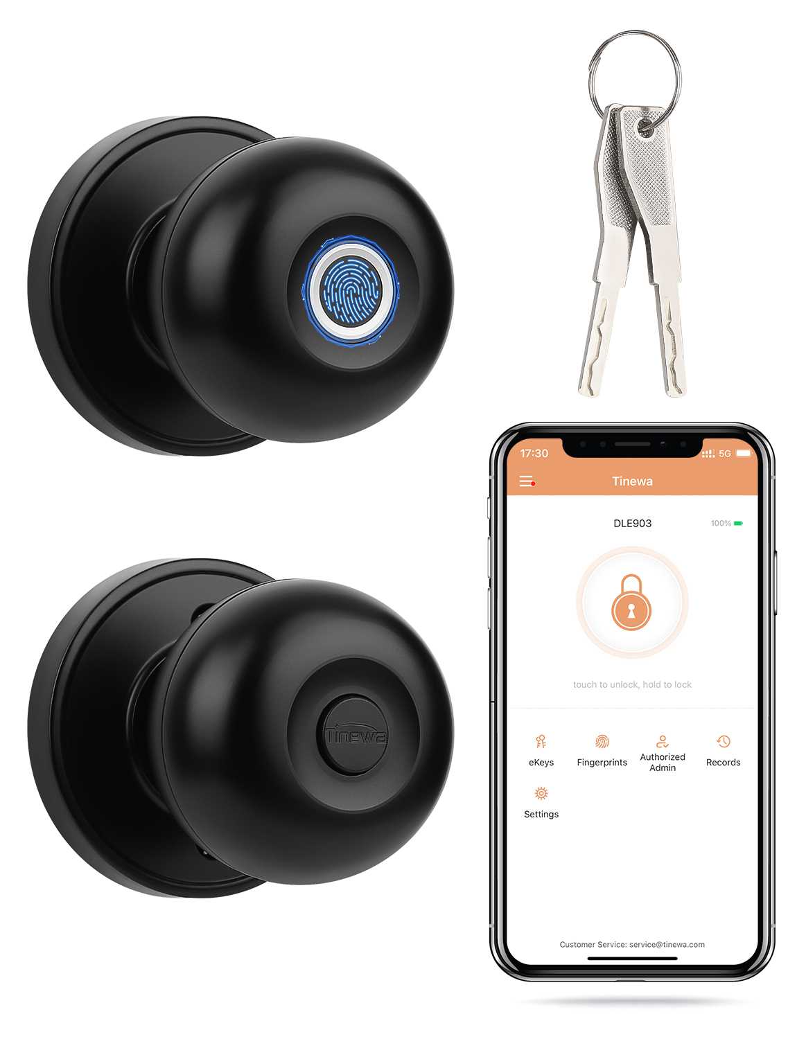 Tinewa matte black smart door knob with fingerprint sensor and app control