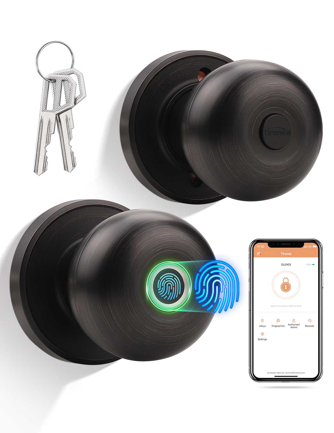 Tinewa oil-rubbed bronze smart door knob shown from top angle