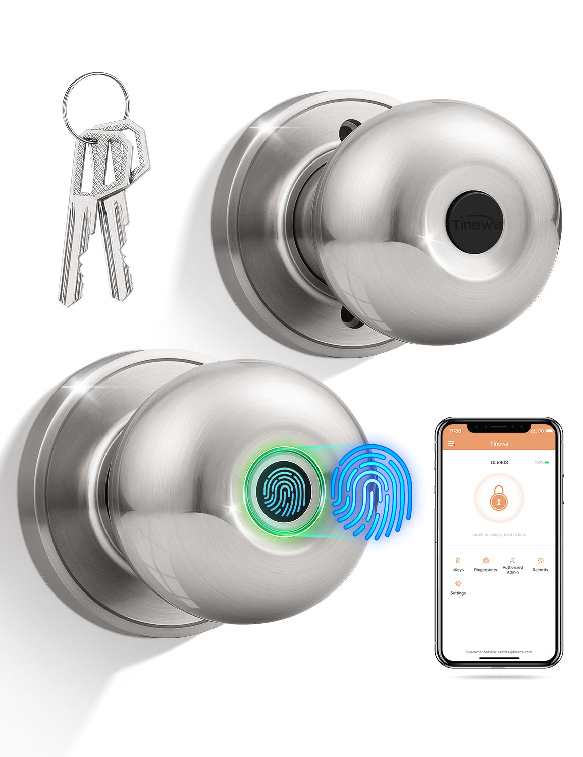 Tinewa satin nickel smart door knob with fingerprint sensor and app control