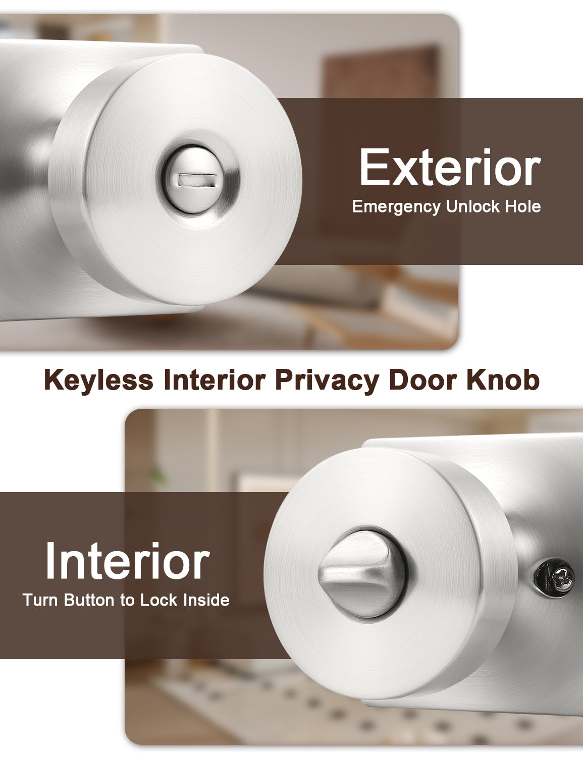 Tinewa Interior Privacy Door Knob with Lock, Keyless Door Handle for Bathroom and Bedroom, Zinc Alloy Heavy Duty Door Knobs on Square Rose (1-10 pack)