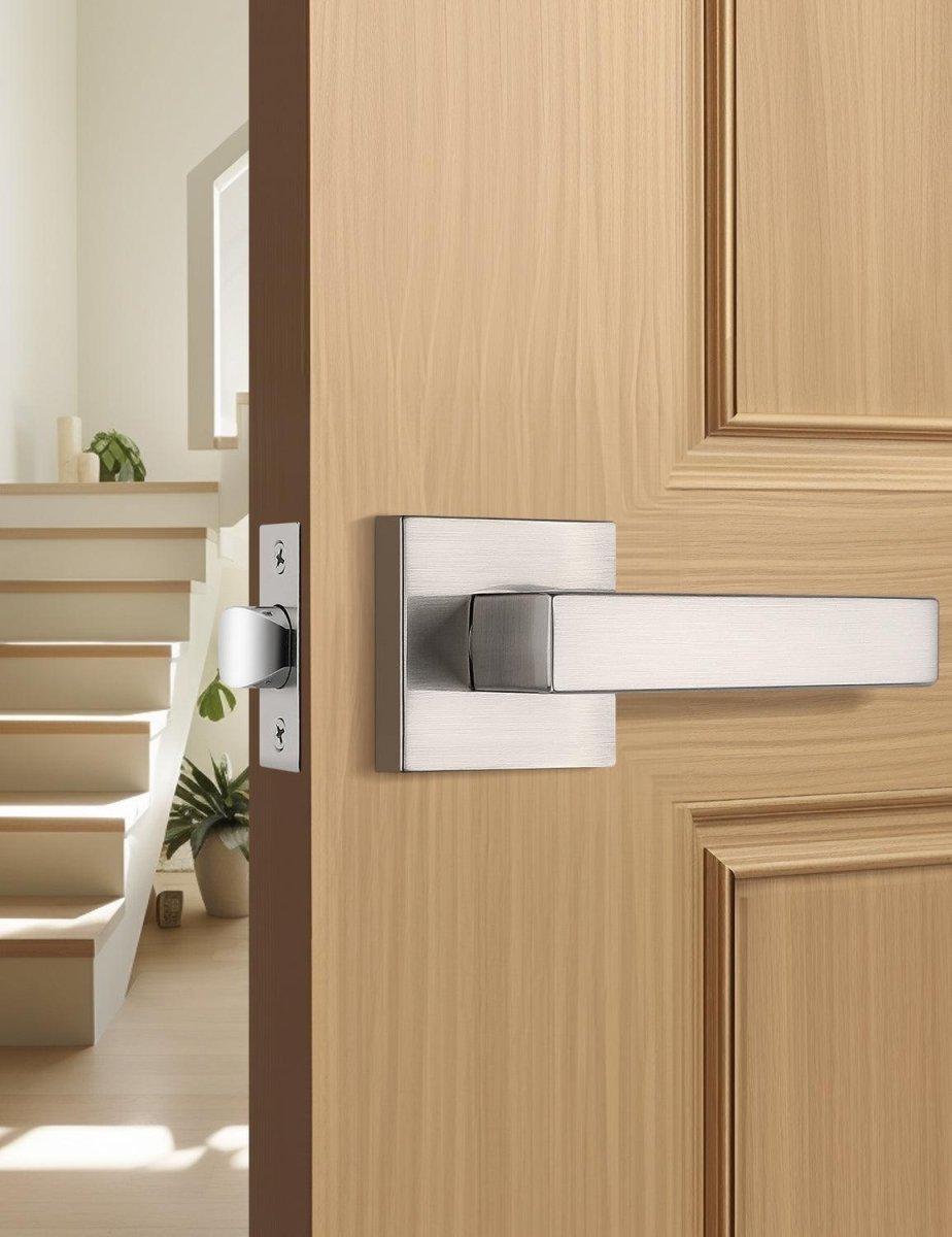 Satin nickel square lever handle with keyless passage function for interior doors