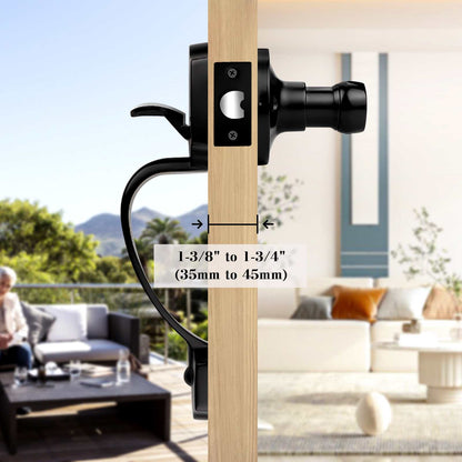 Modern matte black entry door handle with curved wave lever and secure lock