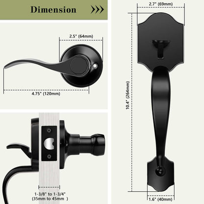 Heavy-duty black front door lock set with matching deadbolt and lever handle
