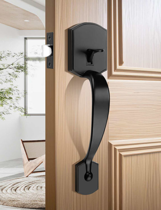 Matte black front door handle set with Camelot trim and wave lever design