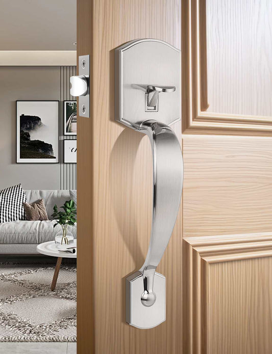 Satin nickel front door handle set with Camelot trim and single-cylinder deadbolt