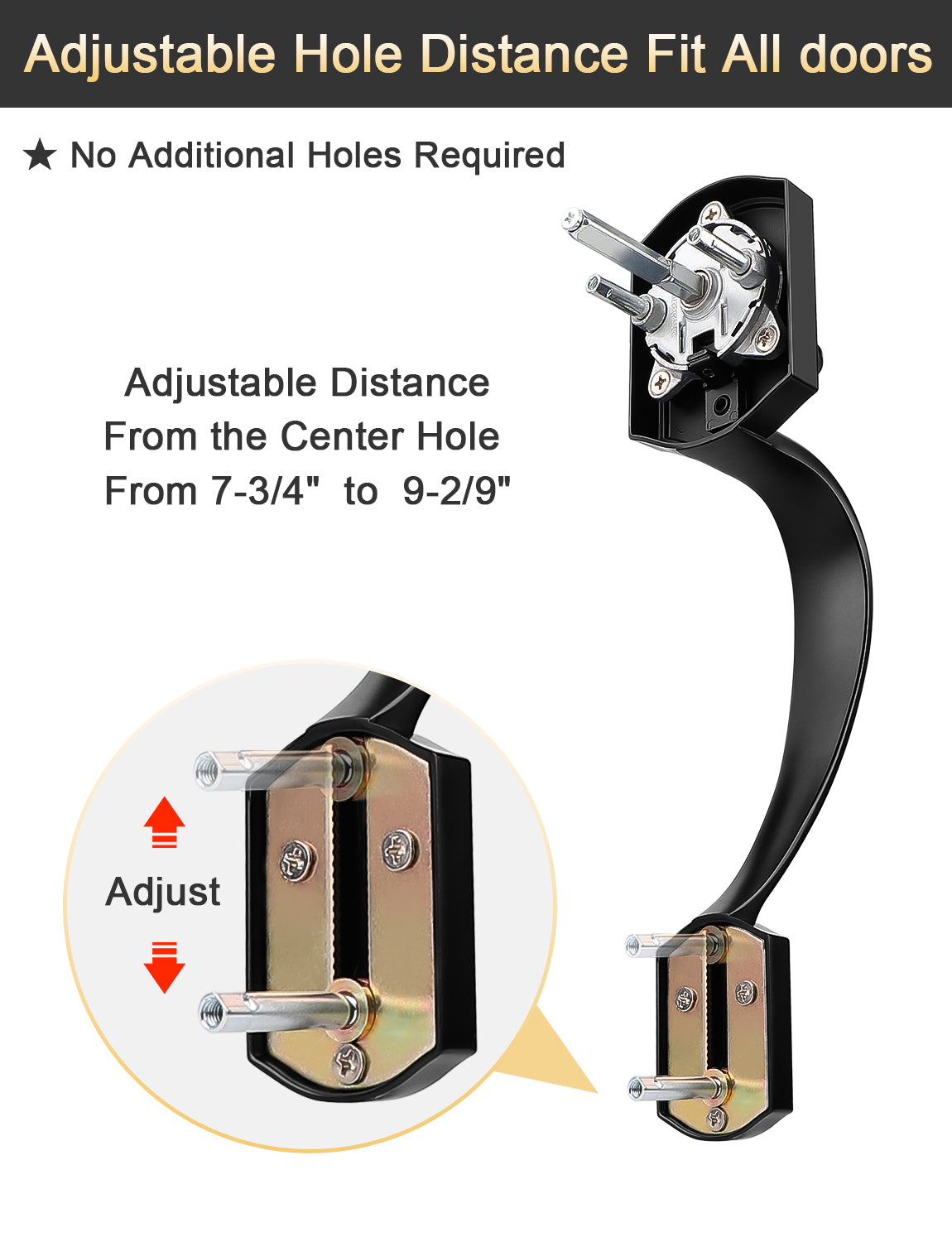 Modern black front door handle with reversible mounting holes and curved lever