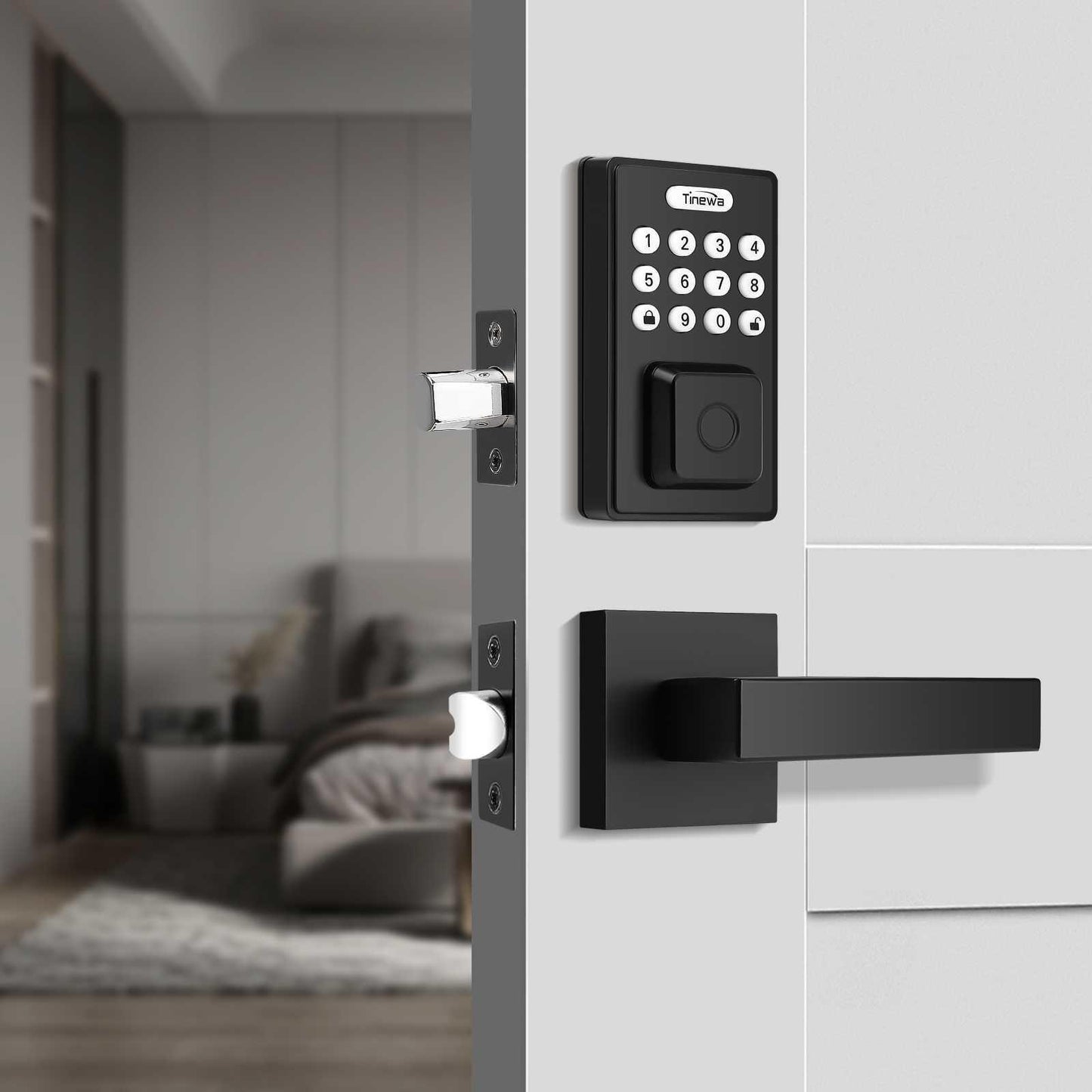 Tinewa Fingerprint Door Lock, Square Keypad Door Lock with 2 Handles, Electronic Smart Deadbolt, Front Door Handle Sets, APP Control, Keyless Entry, Auto Lock - Tinewa