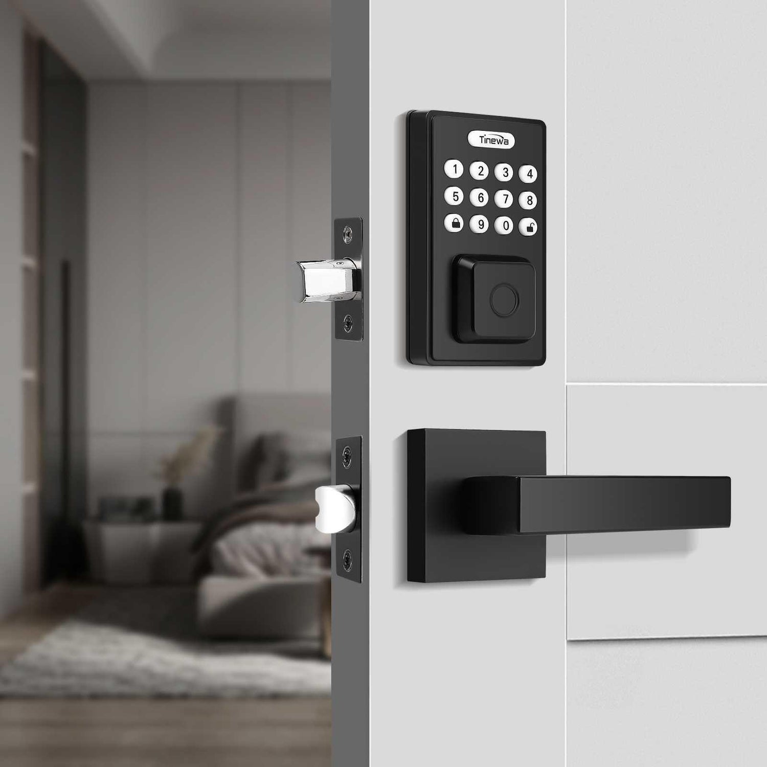 Tinewa Fingerprint Door Lock, Square Keypad Door Lock with 2 Handles, Electronic Smart Deadbolt, Front Door Handle Sets, APP Control, Keyless Entry, Auto Lock - Tinewa