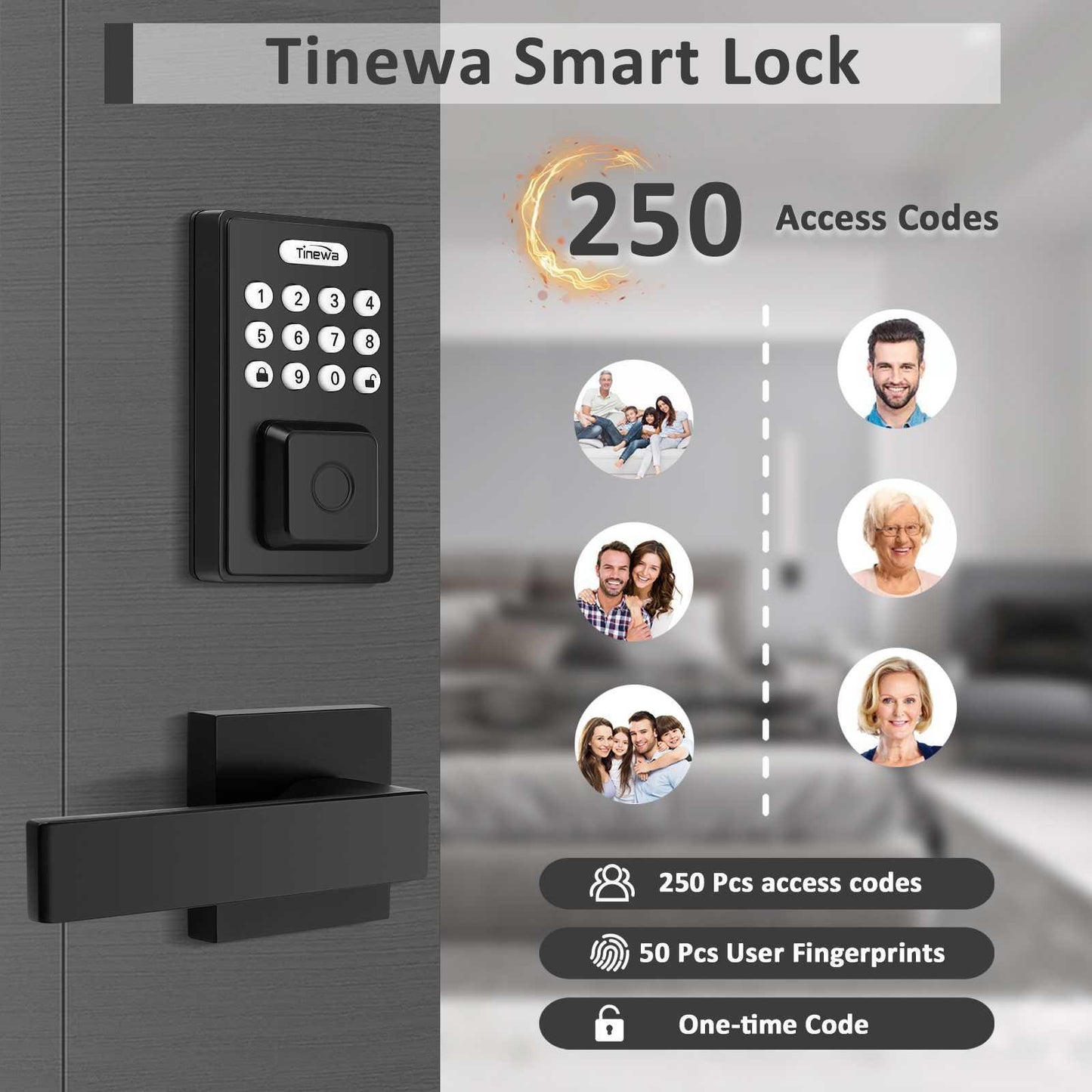 Tinewa Fingerprint Door Lock, Square Keypad Door Lock with 2 Handles, Electronic Smart Deadbolt, Front Door Handle Sets, APP Control, Keyless Entry, Auto Lock - Tinewa