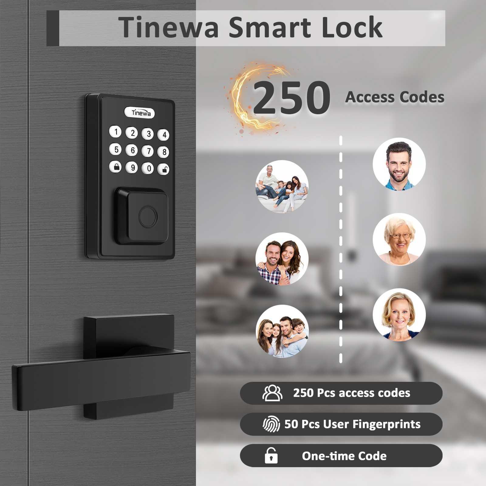 Tinewa Fingerprint Door Lock, Square Keypad Door Lock with 2 Handles, Electronic Smart Deadbolt, Front Door Handle Sets, APP Control, Keyless Entry, Auto Lock - Tinewa