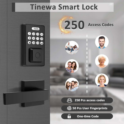 Tinewa Fingerprint Door Lock, Square Keypad Door Lock with 2 Handles, Electronic Smart Deadbolt, Front Door Handle Sets, APP Control, Keyless Entry, Auto Lock - Tinewa
