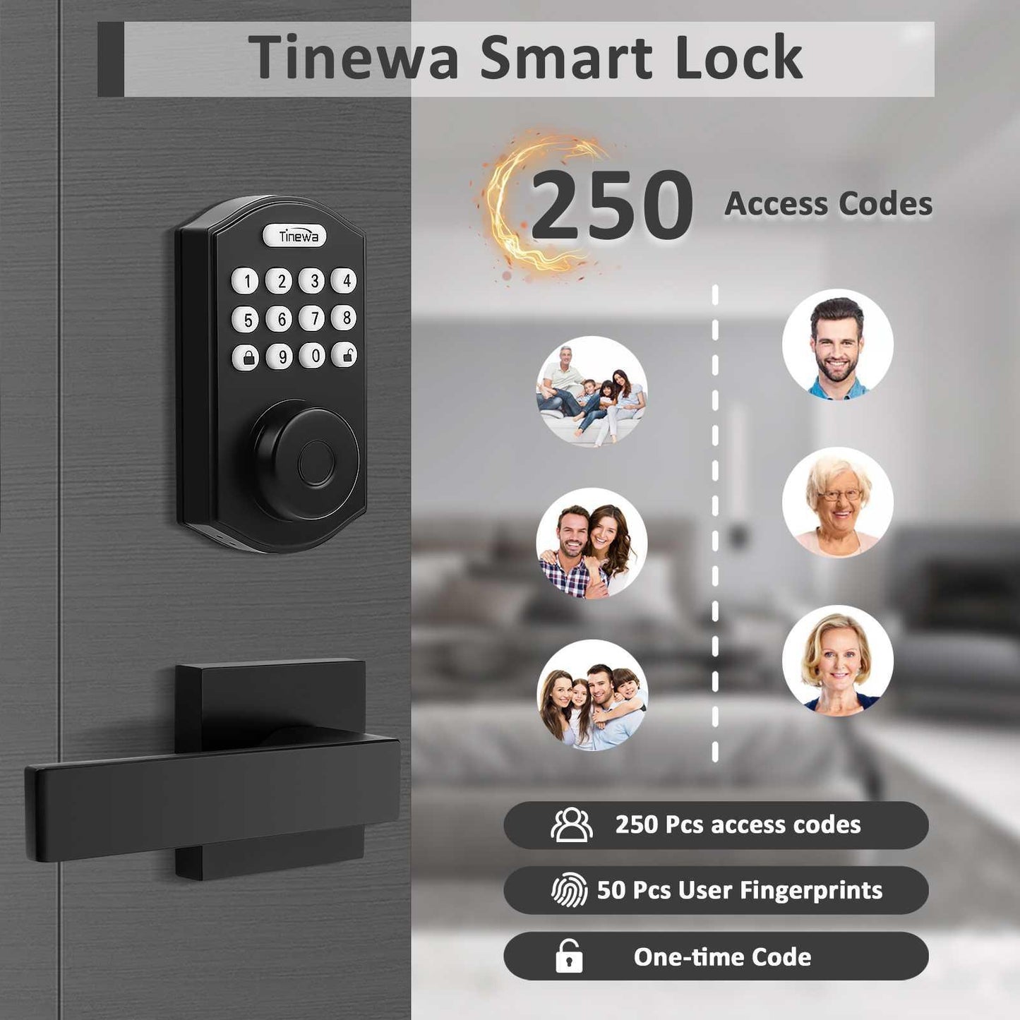 Tinewa Fingerprint Door Lock, Round Keypad Door Lock with 2 Handles, Electronic Smart Deadbolt, Front Door Handle Sets, APP Control, Keyless Entry, Auto Lock - Tinewa