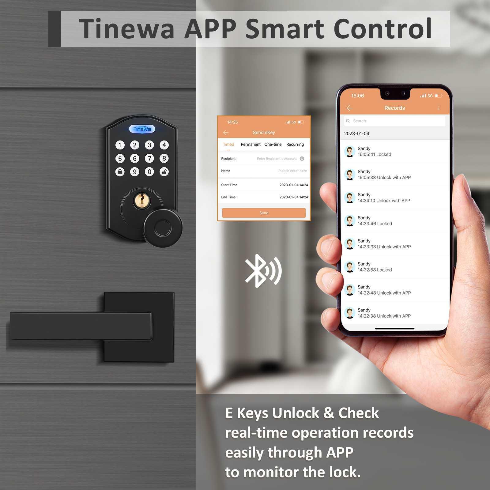 Tinewa Fingerprint Door Lock, Round Keypad Door Lock with 2 Handles, Electronic Smart Deadbolt, Front Door Handle Sets, APP Control, Keyless Entry, Auto Lock - Tinewa