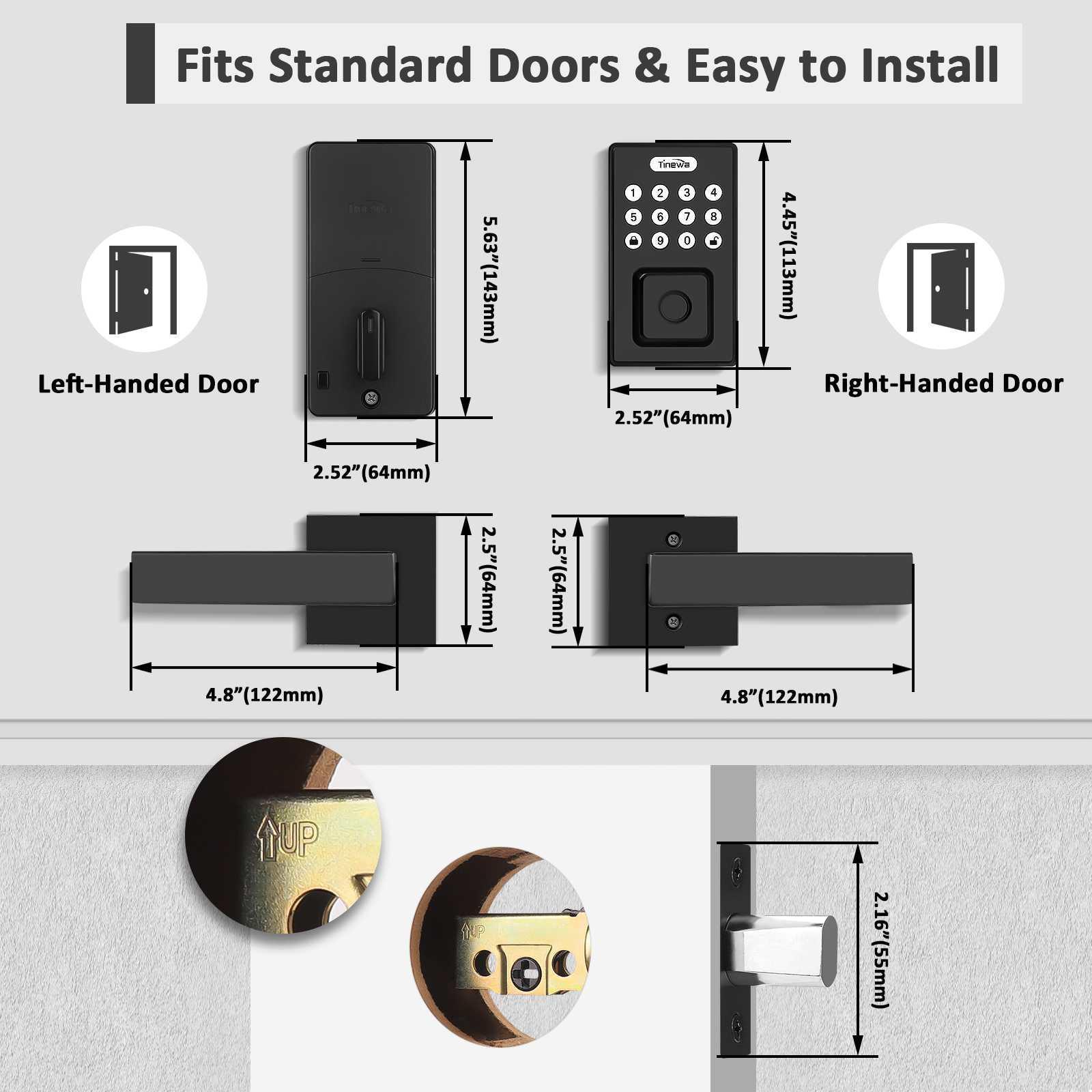 Tinewa Fingerprint Door Lock, Square Keypad Door Lock with 2 Handles, Electronic Smart Deadbolt, Front Door Handle Sets, APP Control, Keyless Entry, Auto Lock - Tinewa