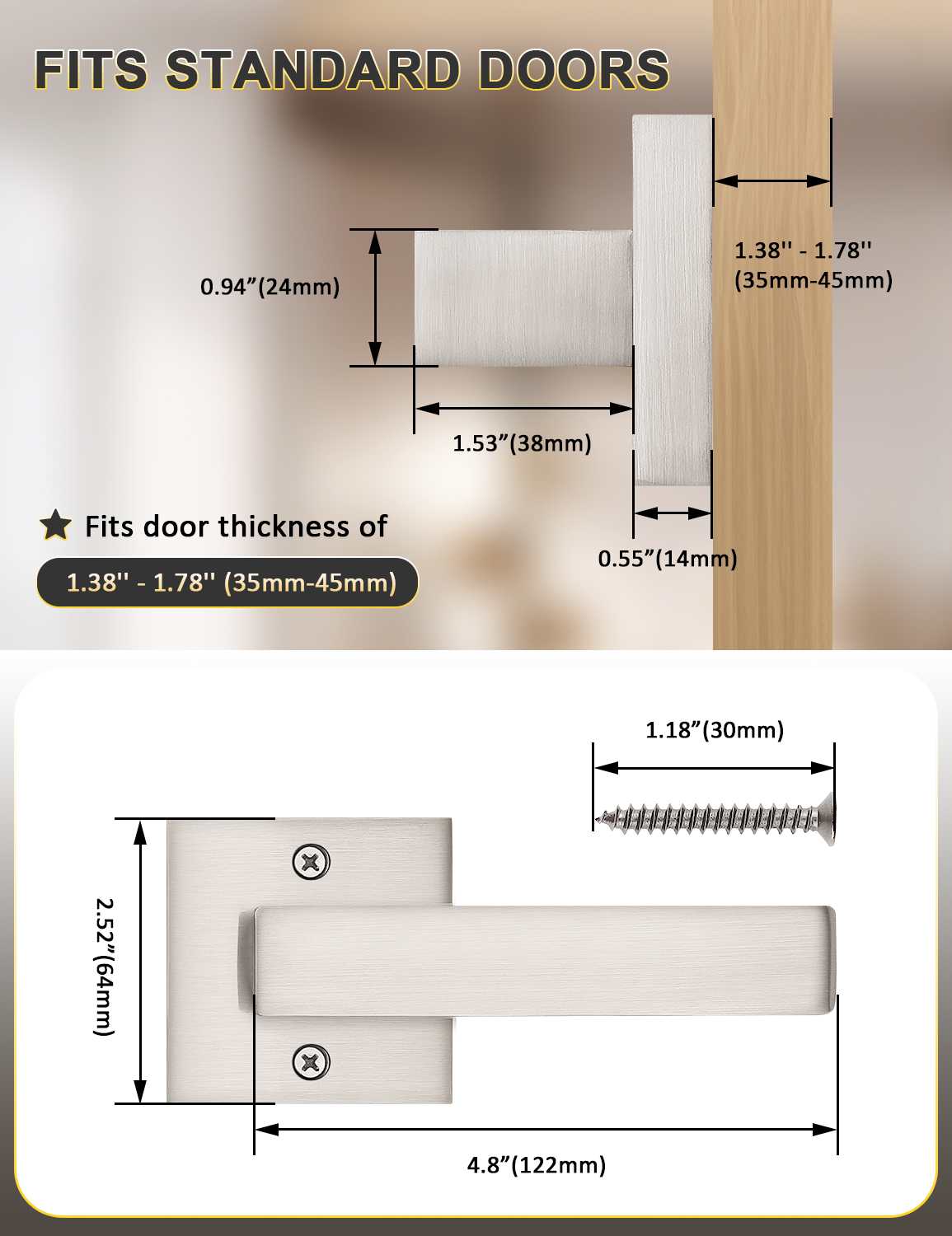 Tinewa satin nickel dummy lever handle designed for standard hall and closet doors