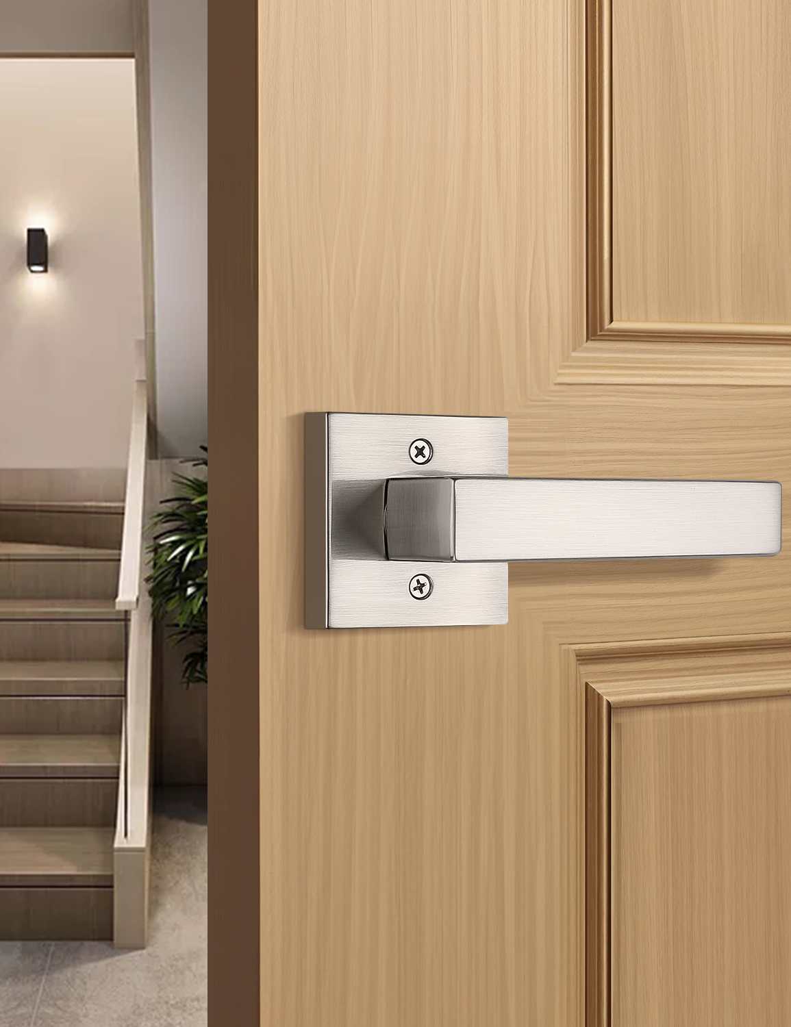 Satin nickel dummy door handle with square lever design for interior use
