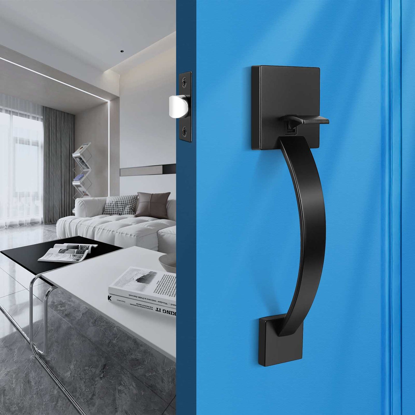 Matte black front door handleset with square knob and single cylinder deadbolt