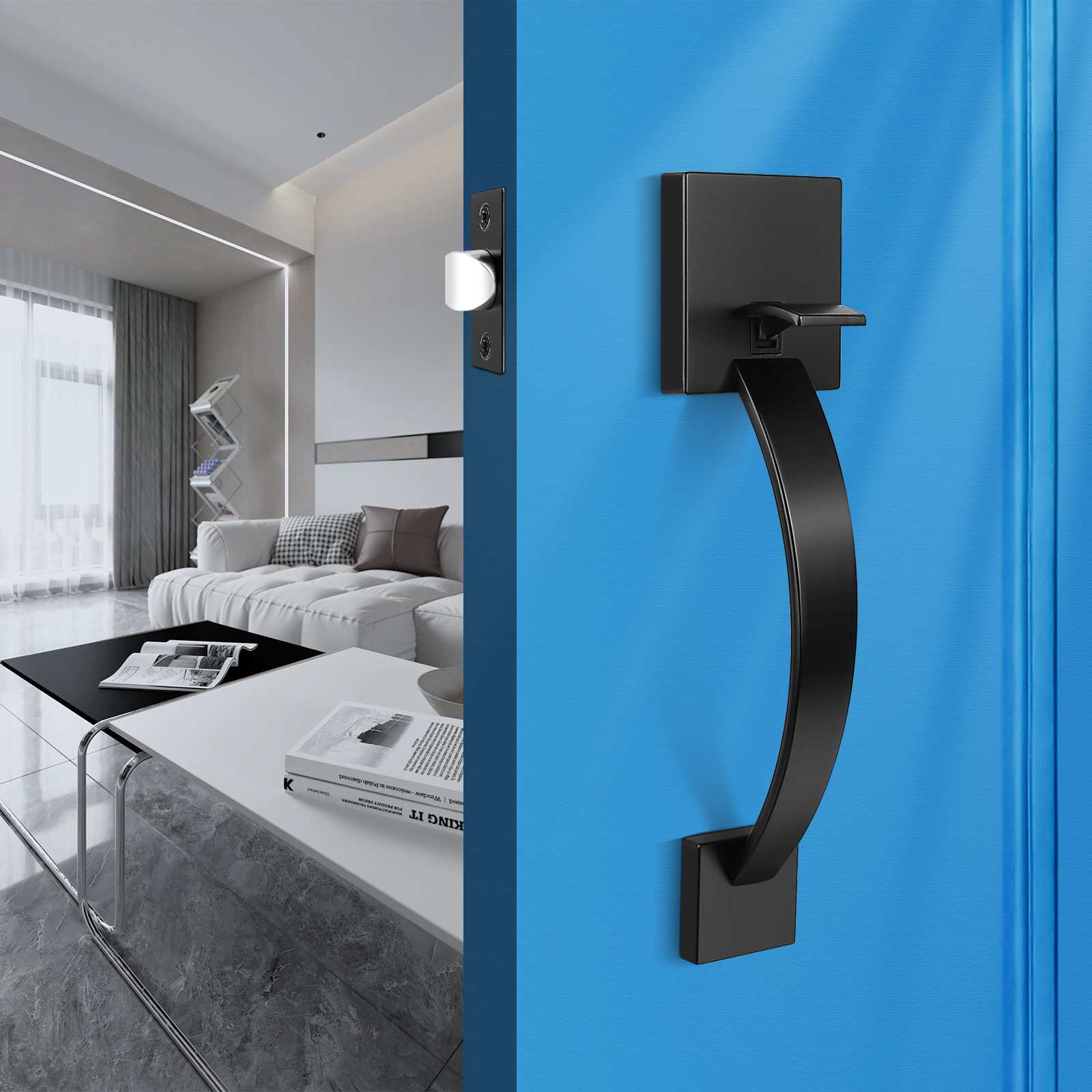 Matte black front door handleset with square knob and single cylinder deadbolt