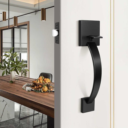 Matte black front door handleset with square knob and single cylinder deadbolt