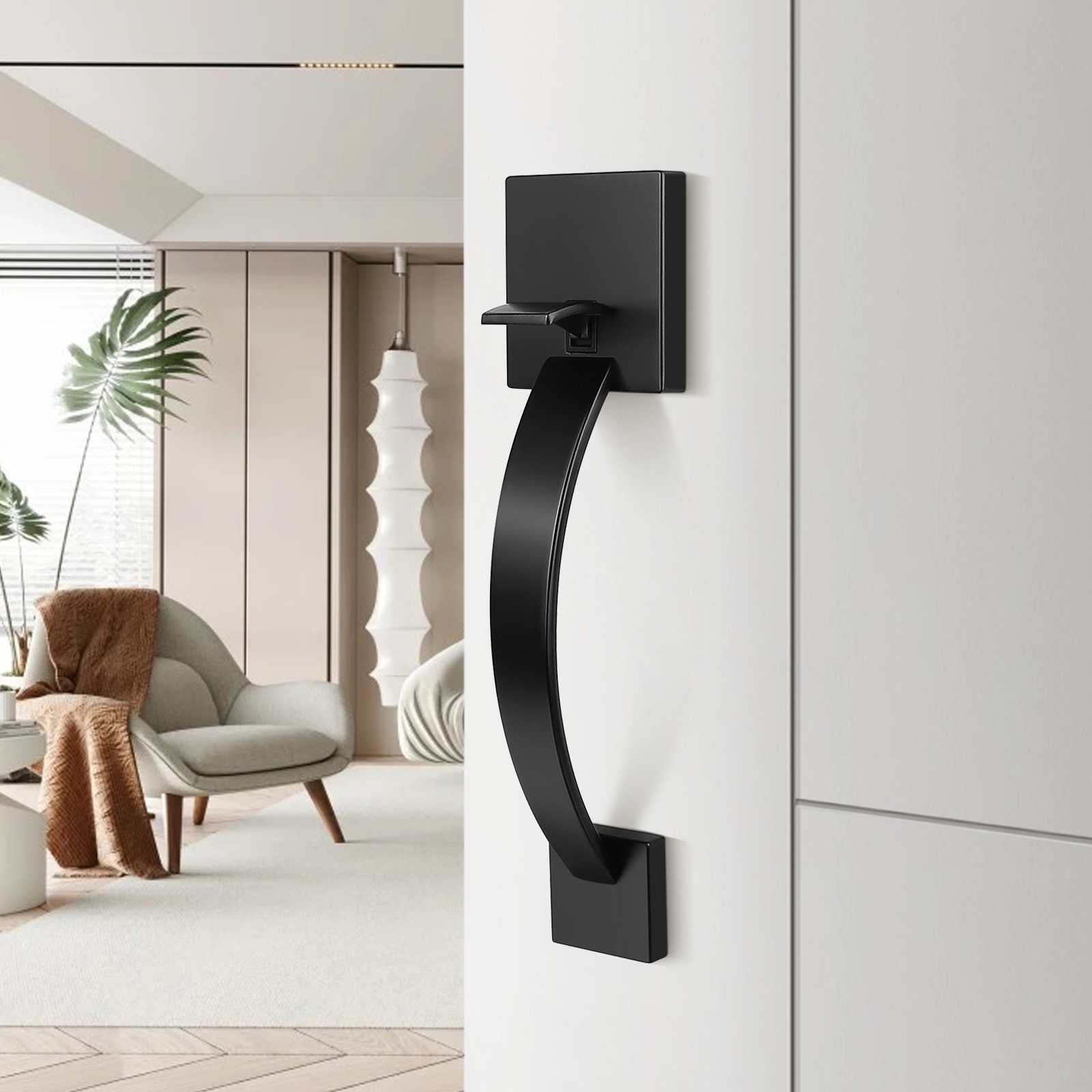 Front door lockset with matte black finish and modern straight-line styling