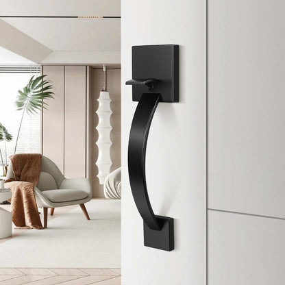 Front door lockset with matte black finish and modern straight-line styling