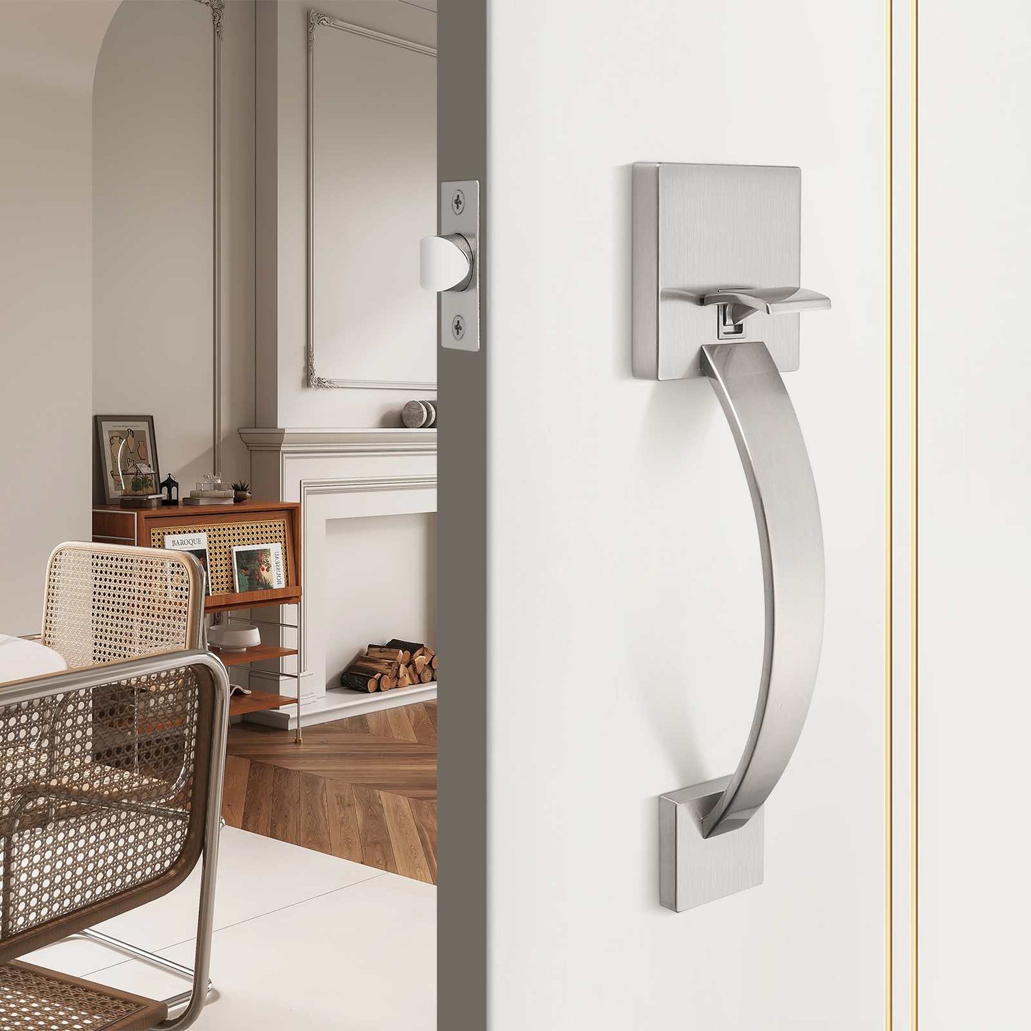 Satin Nickel front door handleset with square knob and single cylinder deadbolt