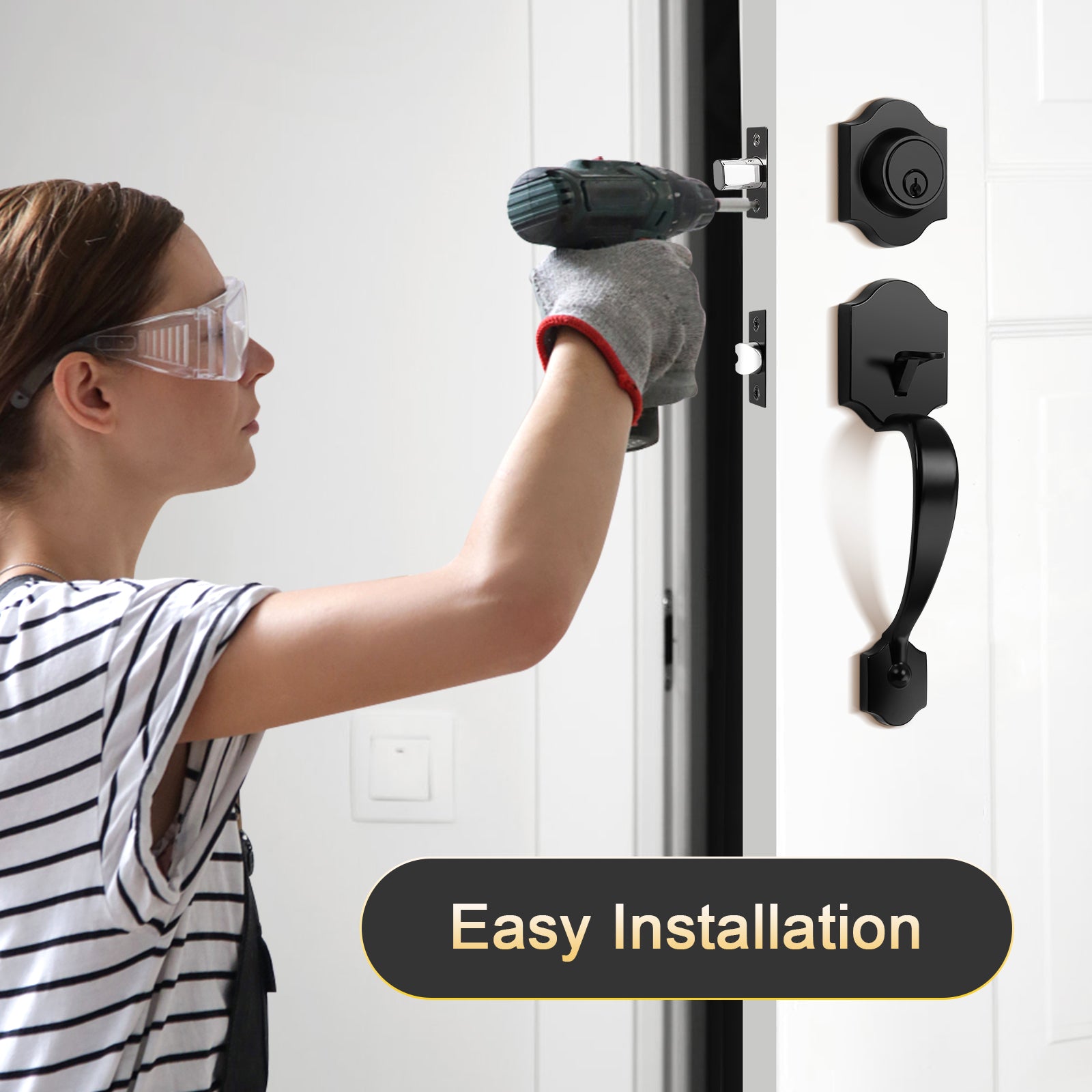 Tinewa Handleset with Lever,Single Cylinder Front Door with Deadbolt,Exterior Door Handle with Reversible Handle Lever, Matte Black - Tinewa