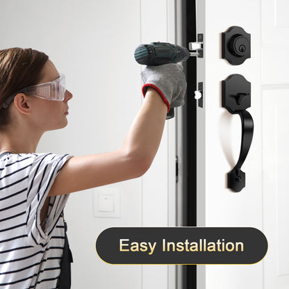 Tinewa Handleset with Lever,Single Cylinder Front Door with Deadbolt,Exterior Door Handle with Reversible Handle Lever, Matte Black - Tinewa