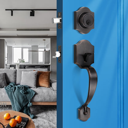 Tinewa Handleset with Lever,Single Cylinder Front Door with Deadbolt,Exterior Door Handle with Reversible Handle Lever,Oil Rubbed Bronze - Tinewa