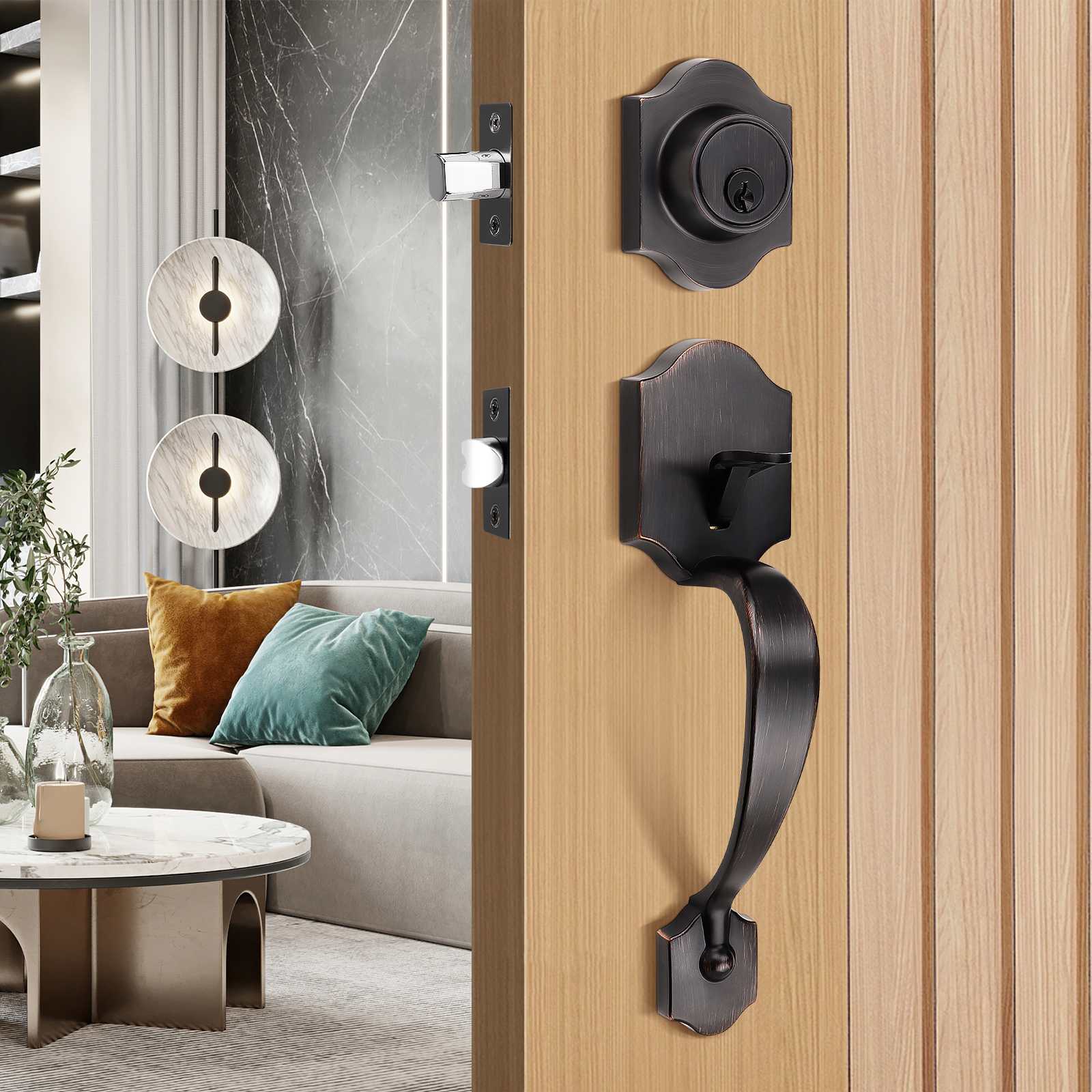 Tinewa Handleset with Lever,Single Cylinder Front Door with Deadbolt,Exterior Door Handle with Reversible Handle Lever, Matte Black - Tinewa
