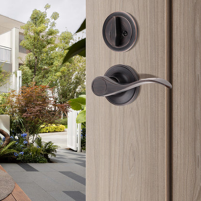 Tinewa Handleset with Lever,Single Cylinder Front Door with Deadbolt,Exterior Door Handle with Reversible Handle Lever,Oil Rubbed Bronze - Tinewa