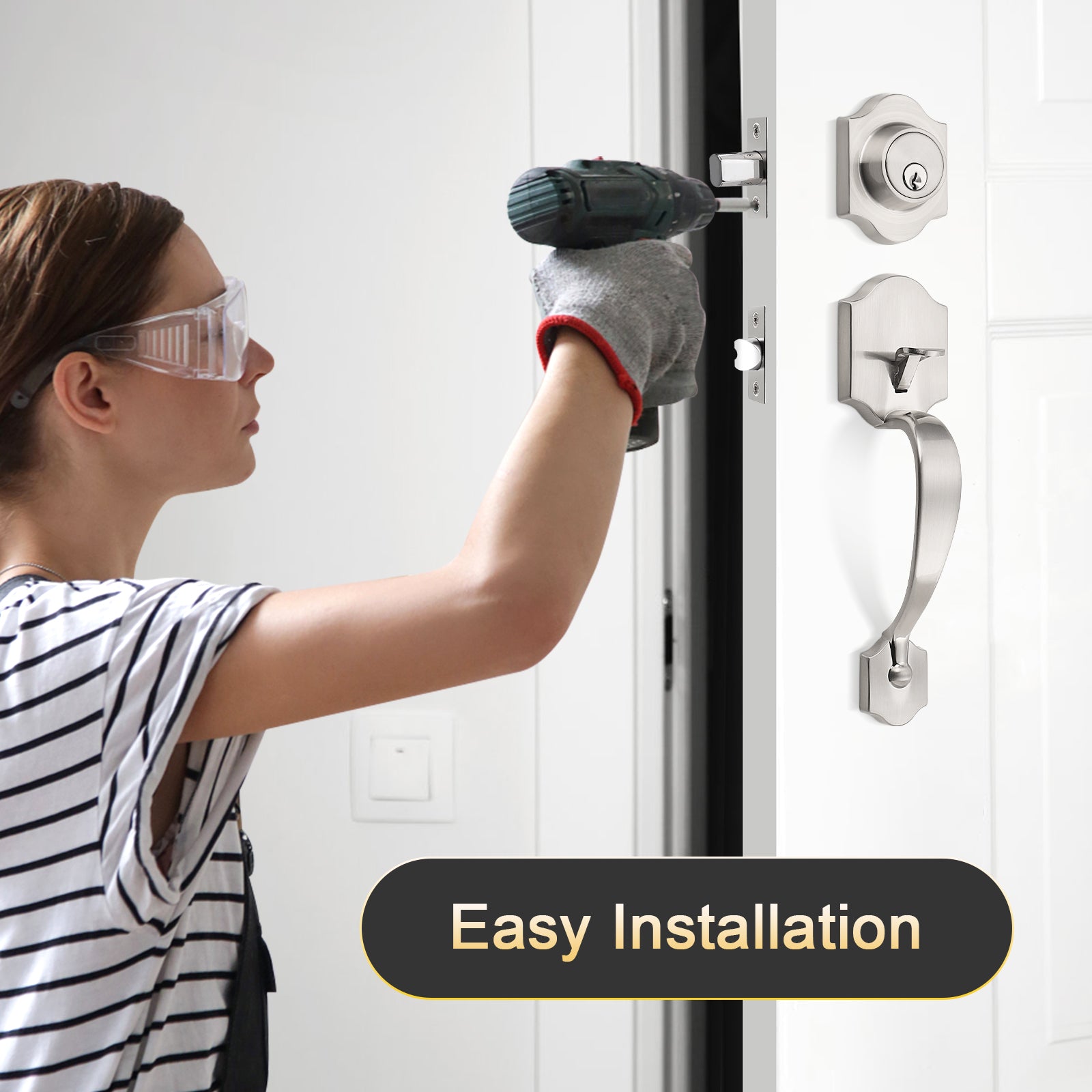 Tinewa 1 Pack Single Cylinder Deadbolt HandleSet with Lever Inside, Front Entrance Door Handle, Reversible Door Handle Set Satin Nickel Finish - Tinewa