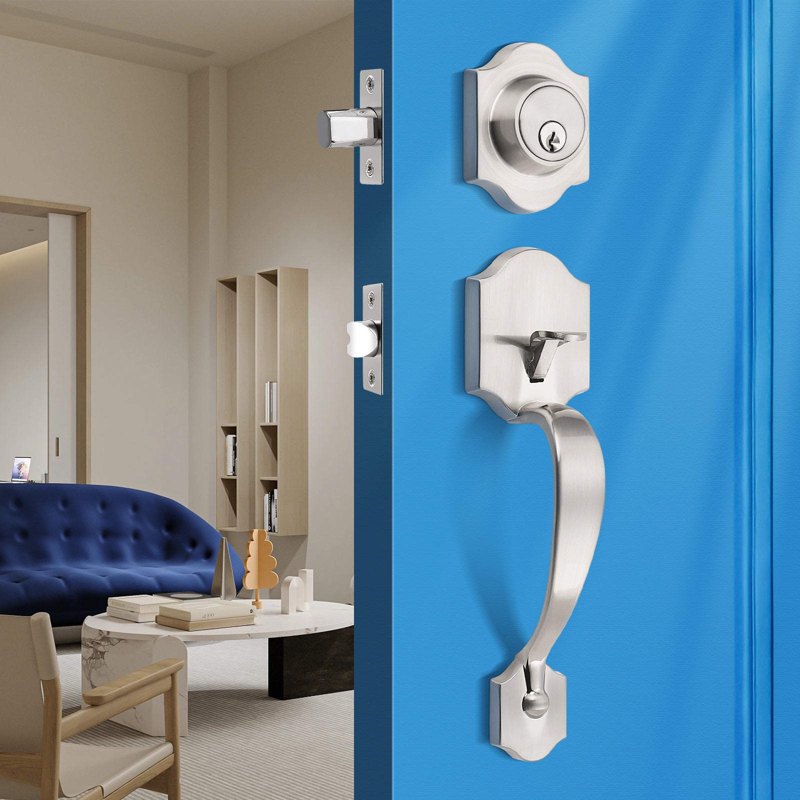 Tinewa 1 Pack Single Cylinder Deadbolt HandleSet with Lever Inside, Front Entrance Door Handle, Reversible Door Handle Set Satin Nickel Finish - Tinewa