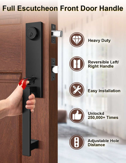 Tinewa Full Escutcheon HandleSet Front Door Entry Handle and Deadbolt Lock Set Slim Square Single Cylinder Deadbolt and Lever Heavy Duty ¨C Matte Black Finish - Tinewa