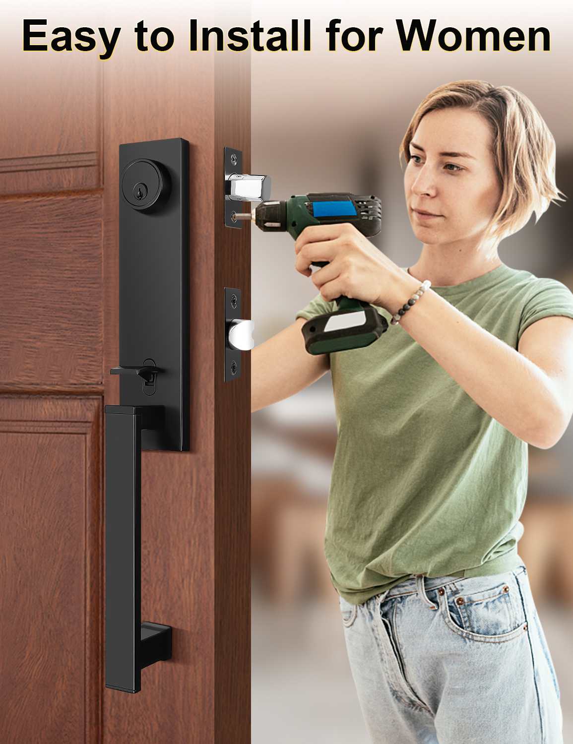 Tinewa Full Escutcheon HandleSet Front Door Entry Handle and Deadbolt Lock Set Slim Square Single Cylinder Deadbolt and Lever Heavy Duty ¨C Matte Black Finish - Tinewa