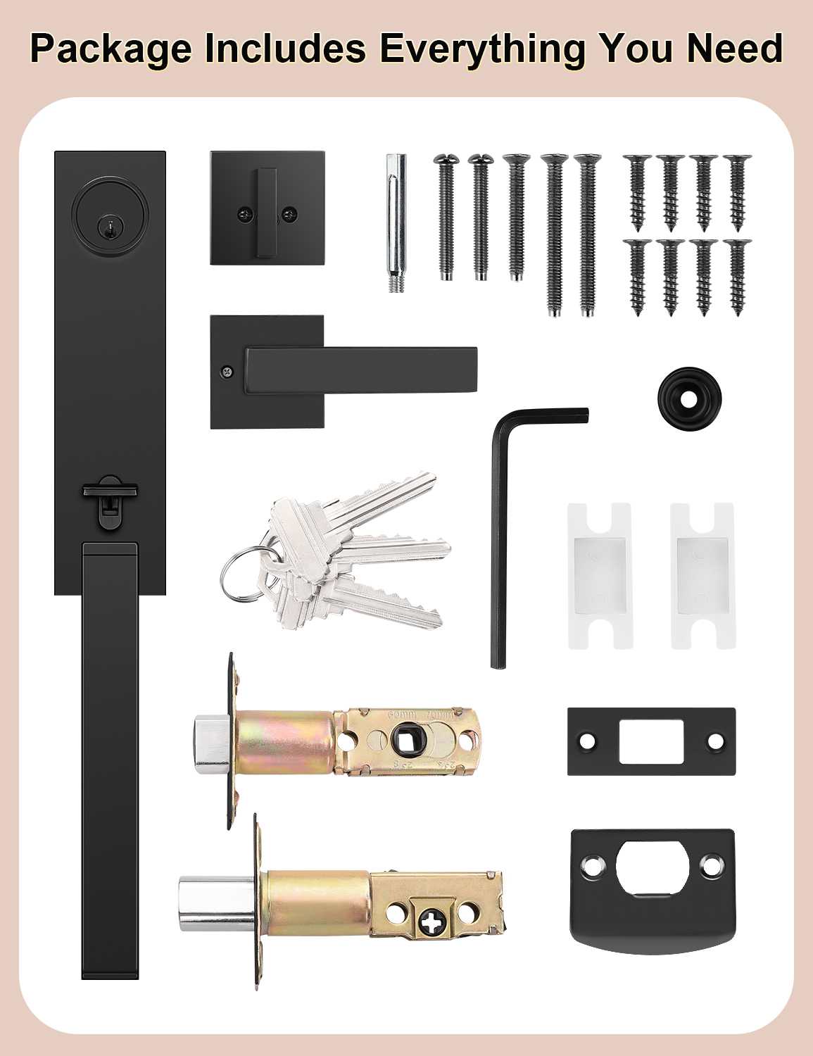 Tinewa Full Escutcheon HandleSet Front Door Entry Handle and Deadbolt Lock Set Slim Square Single Cylinder Deadbolt and Lever Heavy Duty ¨C Matte Black Finish - Tinewa