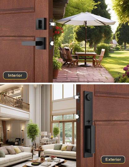 Tinewa Full Escutcheon HandleSet Front Door Entry Handle and Deadbolt Lock Set Slim Square Single Cylinder Deadbolt and Lever Heavy Duty ¨C Matte Black Finish - Tinewa