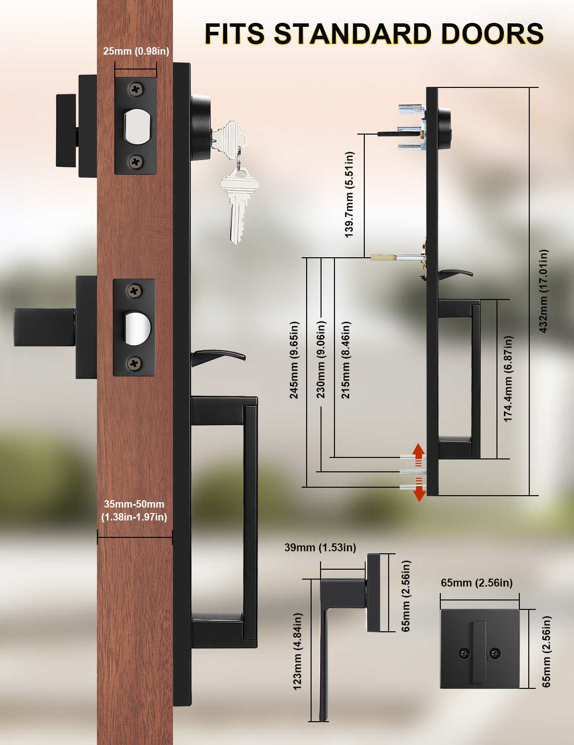 Tinewa Full Escutcheon HandleSet Front Door Entry Handle and Deadbolt Lock Set Slim Square Single Cylinder Deadbolt and Lever Heavy Duty ¨C Matte Black Finish - Tinewa