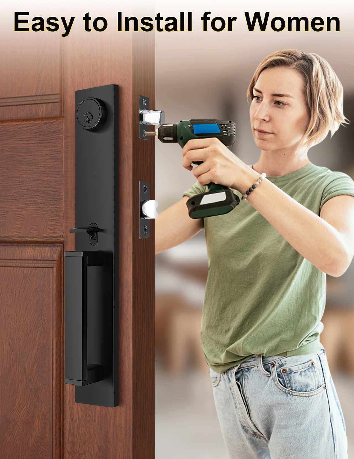 Tinewa Full Escutcheon HandleSet Front Door Entry Handle and Deadbolt Lock Set Slim Square Single Cylinder Deadbolt and Lever Heavy Duty ¨C Matte Black Finish - Tinewa