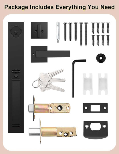 Tinewa Full Escutcheon HandleSet Front Door Entry Handle and Deadbolt Lock Set Slim Square Single Cylinder Deadbolt and Lever Heavy Duty ¨C Matte Black Finish - Tinewa