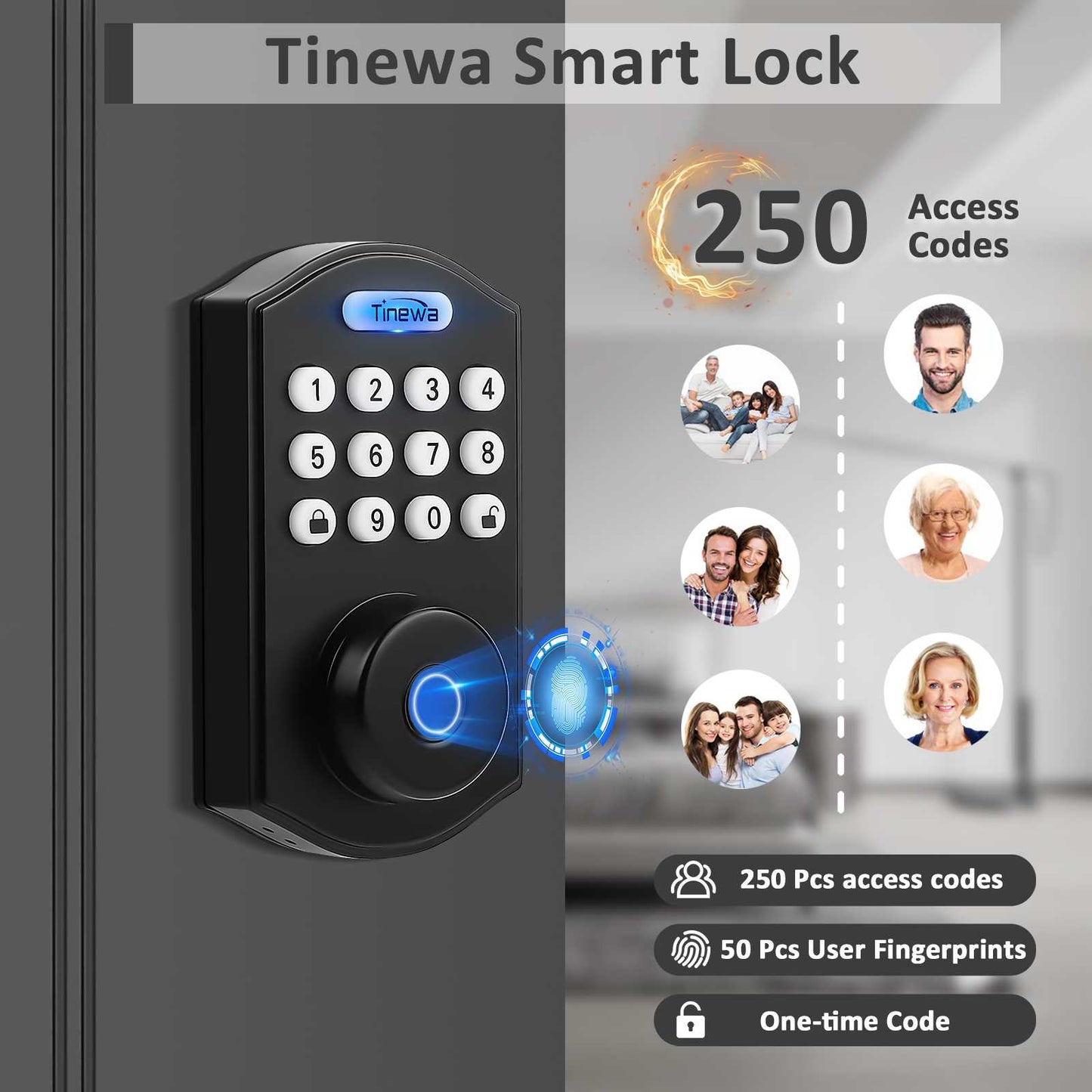 Tinewa Fingerprint Entry Door Lock, up tp 250 access codes