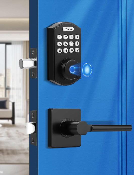Tinewa smart door lock set in black with fingerprint sensor, keypad, and front door handle