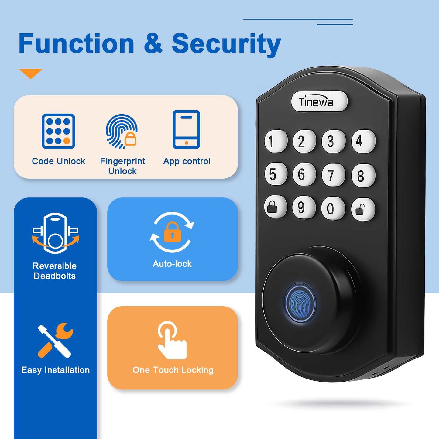 4-in-1 keyless entry smart lock with fingerprint, app, keypad, and mechanical key access