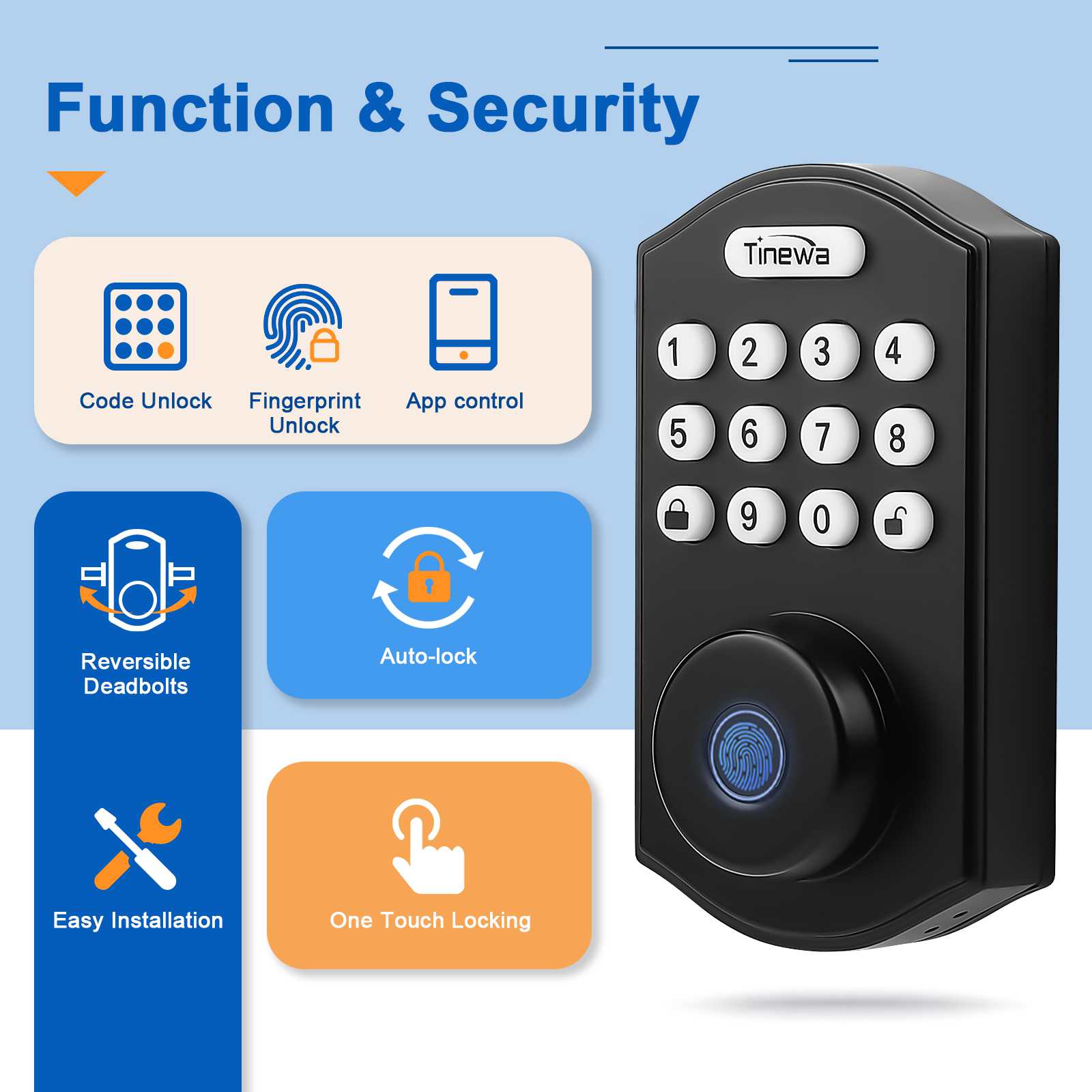 4-in-1 keyless entry smart lock with fingerprint, app, keypad, and mechanical key access