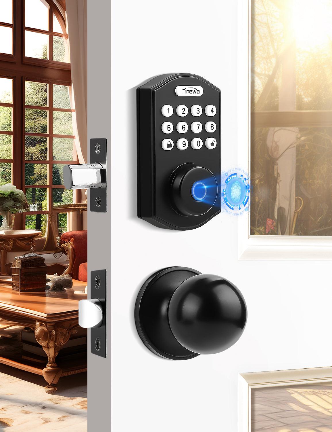 Tinewa Fingerprint Door Lock, Round Keypad Door Lock with Door Knob, Electronic Smart Deadbolt, Front Door Handle Sets, APP Control, Keyless Entry, Auto Lock - Tinewa