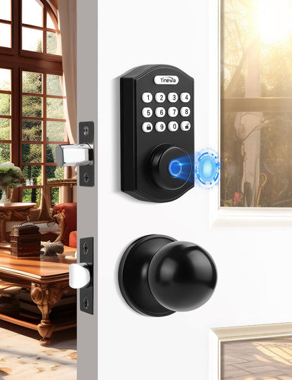Tinewa Fingerprint Door Lock, Round Keypad Door Lock with Door Knob, Electronic Smart Deadbolt, Front Door Handle Sets, APP Control, Keyless Entry, Auto Lock - Tinewa